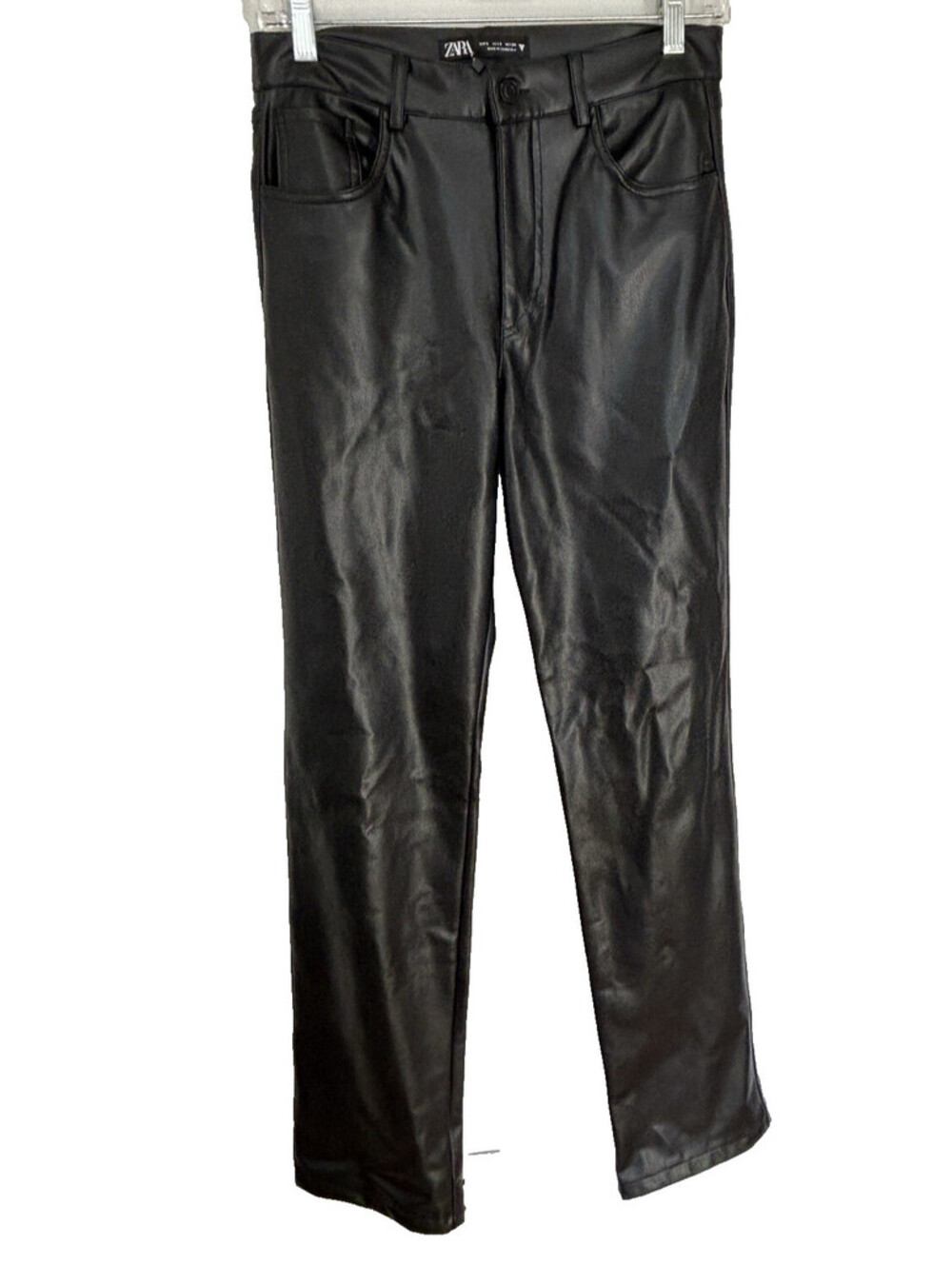 Zara Black Faux Leather High Rise Straight Leg Front Pants ~ Size Small